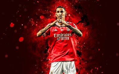 Angel Di Maria, 4k, red neon lights, Benfica FC, Primeira Liga, Argentine footballers, Angel Di Maria 4K, red abstract background, football, soccer, Liga Portugal, SL Benfica, Angel Di Maria Benfica