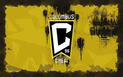 شعار columbus crew grunge, 4k, mls, خلفية الجرونج الصفراء, كرة القدم, شعار كولومبوس كرو, نادي كرة القدم الأمريكي, كولومبوس كرو fc