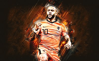 memphis depay, niederlande national football team, niederländischer fußballspieler, orangefarbener steinhintergrund, niederlande, fußball