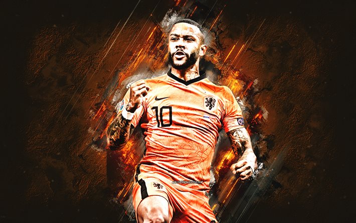 メンフィス・デペイ, オランダナショナルフットボールチーム, オランダのフットボール選手, オレンジ色の石の背景, オランダ, フットボール