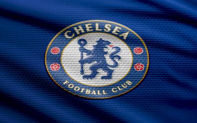 logo de tissu de chelsea, 4k, fond de tissu bleu, première ligue, bokeh, football, logo de chelsea, chelsea emblem, club de football anglais, chelsea fc