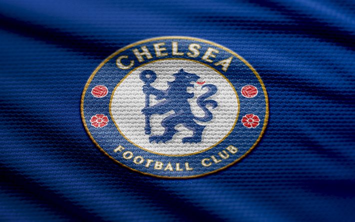 logo in tessuto chelsea, 4k, sfondo in tessuto blu, premier league, bokeh, calcio, logo chelsea, emblema del chelsea, club di calcio inglese, chelsea fc