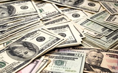 dollari americani, 4k, background di denaro, finanza, dollari, banconote da un dollaro, banconote, soldi, valuta, background con dollari americani