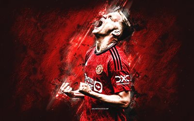 Donny van de Beek, Manchester United FC, Dutch football player, midfielder, red stone background, Premier League, England, football