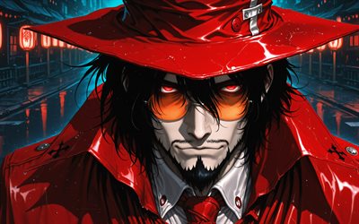 4k, alucard, linternas japonesas, noche, infierno, de cerca, conde drácula, calle, manga, dorakyura, manga infernal, personaje de alucard, arte de alucard, personajes infernales, alucard hellsing
