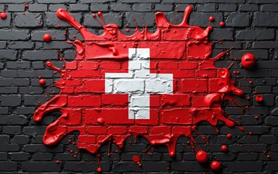 4k, bandera de suiza, creativo, europa, muro de ladrillo negro, arte de pintar, bandera suiza, salpicaduras de pintura, obra de arte, símbolos nacionales suizos, bandera 3d de suiza, suiza