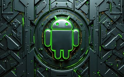 4k, Android metal logo, artwork, green neon lights, OS brands, 3D art, creative, black metal backgrounds, Android 3D logo, atrwork, Android logo, brands, Android