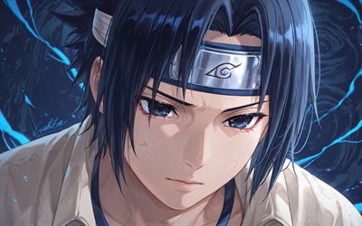4k, Sasuke Uchiha, blue lightings, Naruto, night, close-up, Naruto characters, artwork, Konohagakures Uchiha clan, Uchiha Sasuke, manga, Sasuke Uchiha Naruto