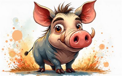 cartuny warthog, 4k, watercolor art, animali carini, creativo, warthogs, animali da cartone animato, warthog carino, opera d'arte, warthog