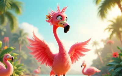 flamingo de desenho animado, 4k, birds 3d animados, obra de arte, animais felizes, 3d flamingo, birds 3d, macaw, pássaros de desenho animado, flamingos