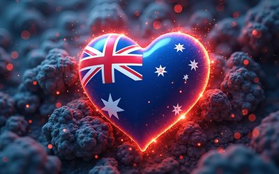 4k, ich liebe australien, orangefarbener blick, bokeh, stein 3d  hintergrund, tag australiens, flagge von australien, 3d  kunst, herz mit australischer flagge, 3d  herzen, australische flagge, australien, liebe zu australien