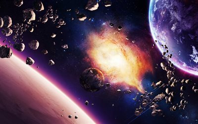 planet, explosion, galaxy, nebula, asteroids, stars