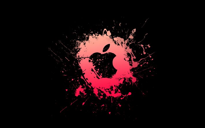 アップルピンクのロゴ, 4k, ミニマリズム, クリエイティブ, ピンクのグランジ水しぶき, アップル グランジ ロゴ, アップルのロゴ, アートワーク, アップル