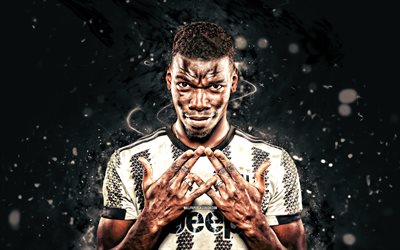 4k, Paul Pogba, 2022, Juventus FC, white neon lights, soccer, Serie A, french footballers, Paul Pogba 4K, black abstract background, football, Juve, Paul Pogba Juventus FC