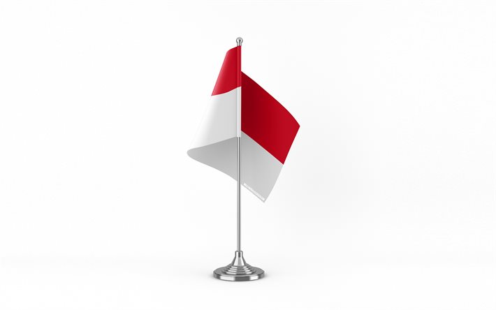 4k, bandiera da tavolo dell'indonesia, sfondo bianco, bandiera dell'indonesia, bandiera dell'indonesia sul bastone di metallo, simboli nazionali, indonesia
