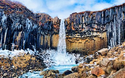 svartifoss, 4k, cascata, falésias, marcos islandeses, black falls, parque nacional skaftafell, islândia, hdr, europa, natureza bela