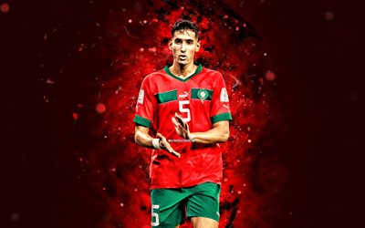 Nayef Aguerd, 4k, red neon lights, Morocco National Football Team, soccer, footballers, red abstract background, Moroccan football team, Nayef Aguerd 4K