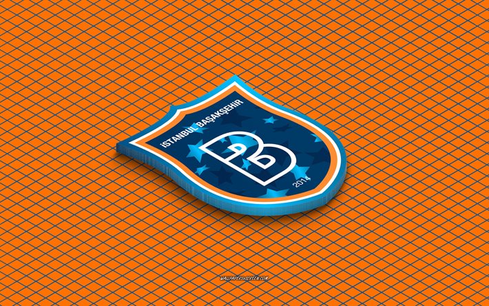 4k, basaksehir isometrisches logo, 3d kunst, türkischer fußballverein, isometrische kunst, basaksehir, orangefarbener hintergrund, superlig, truthahn, fußball, isometrisches emblem, basaksehir logo