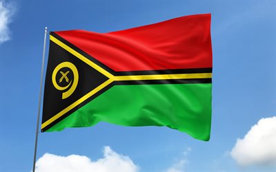 drapeau du vanuatu sur mât, 4k, pays océaniens, ciel bleu, drapeau du vanuatu, drapeaux de satin ondulés, drapeau vanuatu, symboles nationaux des palaos, mât avec des drapeaux, journée du vanuatu, océanie, vanuatu