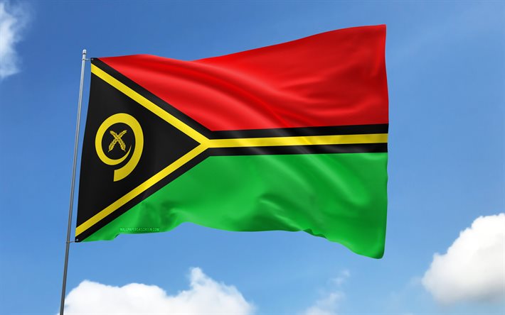 Vanuatu flag on flagpole, 4K, Oceanian countries, blue sky, flag of Vanuatu, wavy satin flags, Vanuatu flag, Palau national symbols, flagpole with flags, Day of Vanuatu, Oceania, Vanuatu