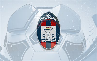 FC Crotone glossy logo, 4K, blue football background, Serie B, soccer, italian football club, FC Crotone 3D logo, FC Crotone emblem, FC Crotone, football, sports logo, Crotone FC