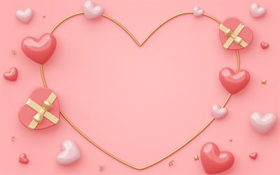 fondo rosa con corazón dorado, 14 de febrero, día de san valentín, fondo del corazón, plantilla de tarjeta de felicitación del 14 de febrero, fondo del día de san valentín, corazón rosa 3d