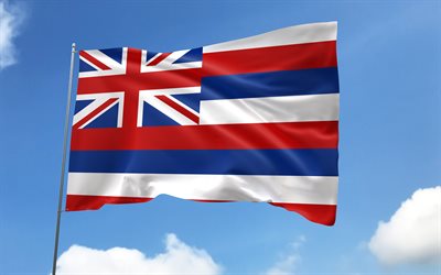 علم هاواي على سارية العلم, 4k, الولايات الأمريكية, السماء الزرقاء, علم فلوريدا, أعلام الساتان المتموجة, علم هاواي, الولايات المتحدة, سارية العلم مع الأعلام, يوم هاواي, الولايات المتحدة الأمريكية, هاواي