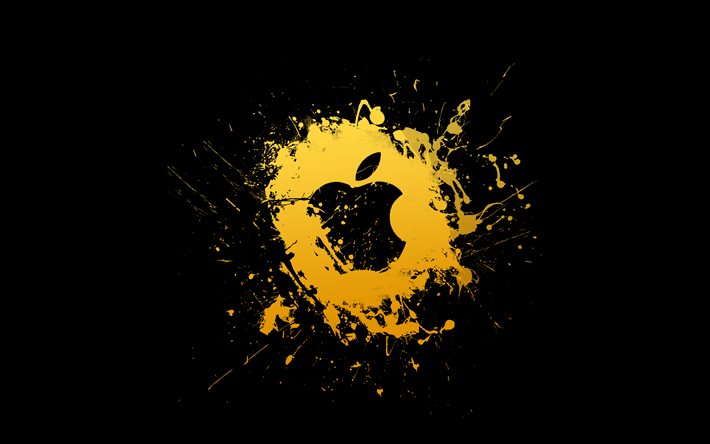 logotipo amarelo da maçã, 4k, minimalismo, criativo, salpicos de grunge amarelo, logotipo grunge da apple, logotipo da apple, obra de arte, maçã