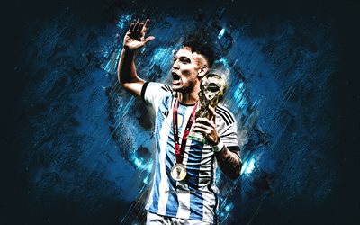 Lautaro Martinez, Argentina national football team, blue stone background, Argentina, Lautaro Martinez with World Cup, football