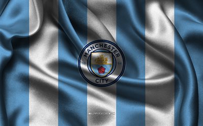 4k, logo del manchester city fc, tessuto di seta bianco blu, squadra di calcio inglese, stemma del manchester city fc, premier league, manchester city fc, inghilterra, calcio, bandiera del manchester city fc