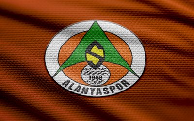 alanyaspor fabric logo, 4k, orangefarbener stoffhintergrund, super lig, bokeh, fußball, alanyaspor logo, alanyaspor emblem, alanyaspor, turkischer fußballverein, alanyaspor fc