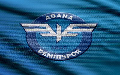 Adana Demirspor fabric logo, 4k, blue fabric background, Super Lig, bokeh, soccer, Adana Demirspor logo, football, Adana Demirspor emblem, Adana Demirspor, turkish football club, Adana Demirspor FC