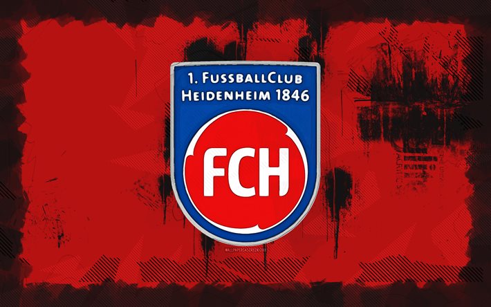 fc heidenheim grunge logo, 4k, bundesliga, fundo vermelho grunge, futebol, fc heidenheim emblema, fc heidenheim logo, fc heidenheim, clube de futebol alemão, heidenheim fc