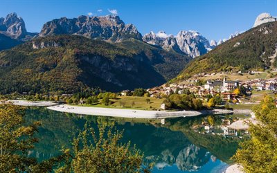 Molveno Lac, montagne, lac, paysage, automne, des Alpes, de l'Italie, de Molveno, Trentin-haut-Adige