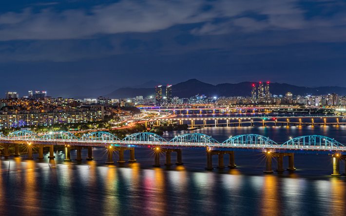सियोल, nightscapes, नदी, पुल, दक्षिण कोरिया, एशिया