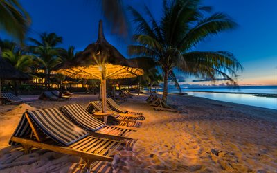 isla tropical, playa, noche, sillas de playa, isla Mauricio, en el océano