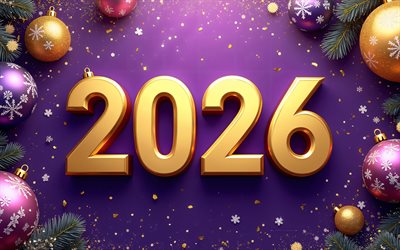 2026 Happy New Year, 4k, purple background, 2026 concepts, Christmas balls, Happy New Year 2026, golden 2026 3D numbers, 2026 New Year