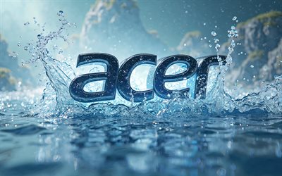 4k, Acer glass 3D logo, water splashes, blue backgrounds, electronics brands, Acer 3D logo, Acer blue logo, creative, Acer logo, brands, Acer