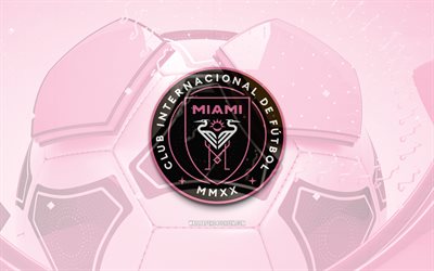 Inter Miami glossy logo, 4K, purple football background, MLS, soccer, american soccer club, Inter Miami 3D logo, Inter Miami emblem, Inter Miami FC, football, sports logo, Inter Miami logo, Inter Miami