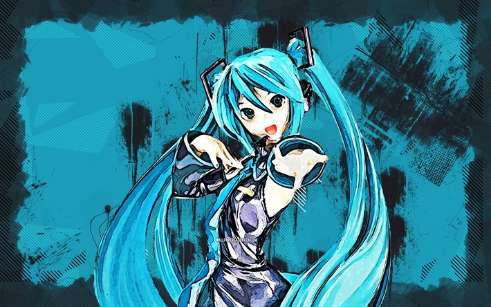 4k, Hatsune Miku, grunge art, Vocaloid, protagonist, creative, manga, fan art, Vocaloid characters, blue grunge background, japanese virtual singers, Hatsune Miku Vocaloid