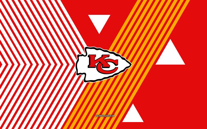 kansas city chiefs logo, 4k, american football team, hintergrund mit roten und weißen linien, chefs von kansas city, nfl, vereinigte staaten von amerika, strichzeichnungen, kansas city chiefs emblem, amerikanischer fußball