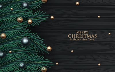 क्रिसमस की बधाई, देवदार की शाखाओं के साथ गहरे रंग की लकड़ी की पृष्ठभूमि, क्रिसमस वृक्ष, क्रिसमस सुनहरी गेंदें, देवदार की शाखाएँ, लकड़ी की बनावट