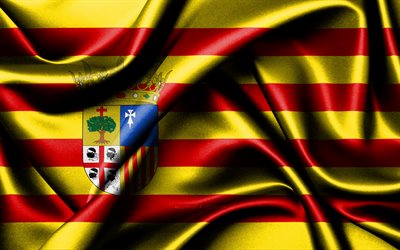 aragon flagga, 4k, spanska samhällen, tygflaggor, aragoniens dag, aragoniens flagga, vågiga sidenflaggor, spanien, spaniens samhällen, aragon