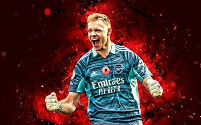 Aaron Ramsdale, 4k, red neon lights, Arsenal FC, english footballers, soccer, Premier League, Aaron Ramsdale 4k, red abstract background, football, The Gunners, Aaron Ramsdale Arsenal