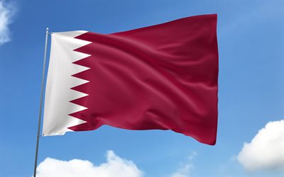 깃대에 카타르 국기, 4k, 아시아 국가, 파란 하늘, 카타르의 국기, 물결 모양의 새틴 플래그, 카타르 국기, 카타르 국가 상징, 깃발이 달린 깃대, 카타르의 날, 아시아, 카타르