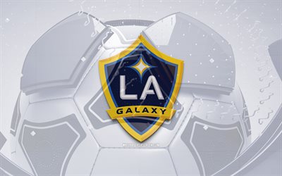 Los Angeles Galaxy glossy logo, 4K, blue football background, MLS, soccer, american soccer club, Los Angeles Galaxy emblem, Los Angeles Galaxy FC, football, sports logo, Los Angeles Galaxy logo, Los Angeles Galaxy, LA Galaxy