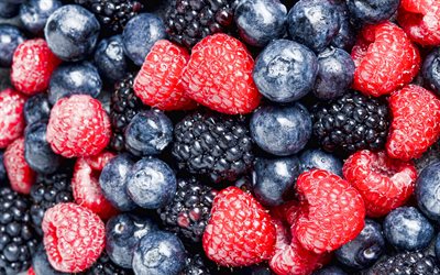 different berries, raspberries, blueberries, blackberries, background with berries, berries concepts