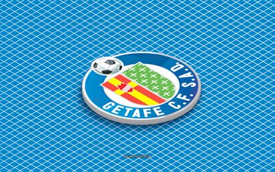 4k, Getafe CF isometric logo, 3d art, Spain football club, isometric art, Getafe CF, blue background, La Liga, Spain, football, isometric emblem, Getafe CF logo