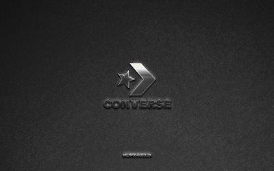 Converse logo, brands, gray stone background, Converse emblem, popular logos, Converse, metal signs, Converse metal logo, stone texture