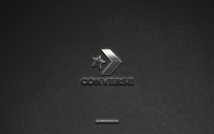 converse logotyp, märken, grå sten bakgrund, converse emblem, populära logotyper, samtala, metallskyltar, converse metalllogotyp, sten textur